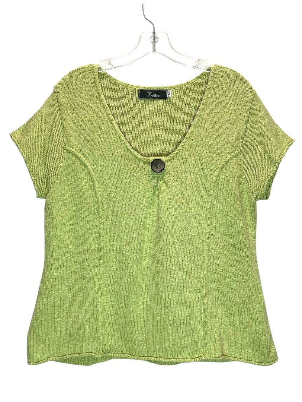 Willow Chartreuse Cotton Short Sleeve Sweater w/ Decorative Button - Medium